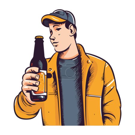 Téléchargez les illustrations : Un homme tenant une bouteille de bière, sourire joyeusement icône isolé - en licence libre de droit