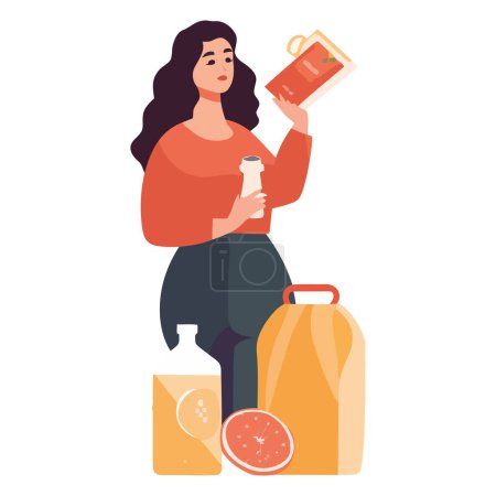 Ilustración de Mujer sosteniendo botella de bebida de fruta orgánica sobre blanco - Imagen libre de derechos