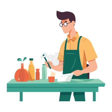 Illustration for One person working on a wooden table over white - Royalty Free Image