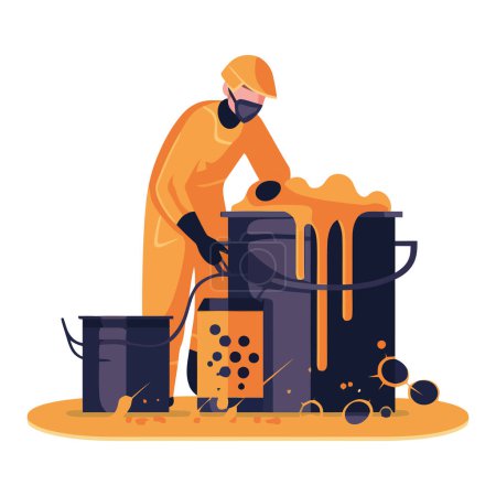 Illustration for Construction worker pouring liquid into a bucket over white - Royalty Free Image