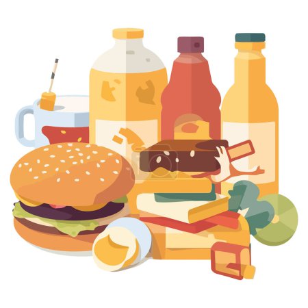Téléchargez les illustrations : Repas burger gastronomique avec des ingrédients frais sur blanc - en licence libre de droit