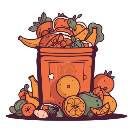 Téléchargez les illustrations : Légumes et fruits frais biologiques dans un panier sur blanc - en licence libre de droit