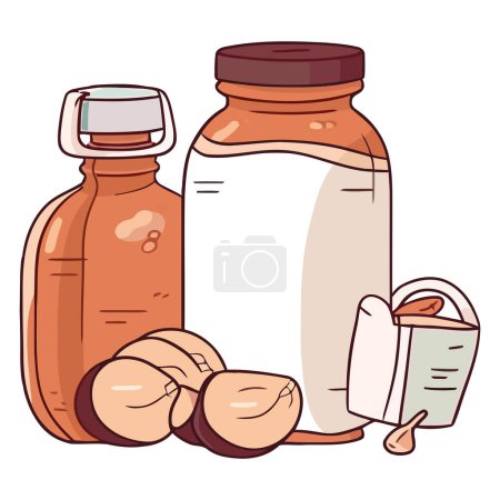 Téléchargez les illustrations : Médicaments sur ordonnance déversés dans une bouteille isolée - en licence libre de droit