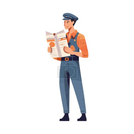 Téléchargez les illustrations : Ouvrier de la construction tenant le plan, portant un casque rigide et uniforme isolé - en licence libre de droit