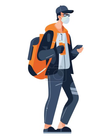 Téléchargez les illustrations : Homme marche avec sac à dos sur blanc - en licence libre de droit