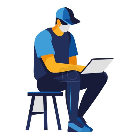 Ilustración de Una persona sentada en el portátil trabajando duro sobre blanco - Imagen libre de derechos