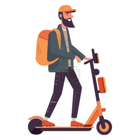 Téléchargez les illustrations : Homme moto scooter avec sac à dos sur blanc - en licence libre de droit