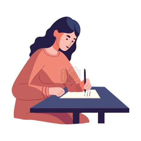 Ilustración de Mujer de negocios trabajando en el escritorio, sosteniendo icono de lápiz aislado - Imagen libre de derechos