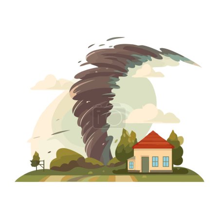 Ilustración de Tornado y cabaña en el icono del prado verde aislado - Imagen libre de derechos