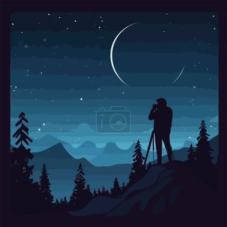 Illustration for Silhouette of man hiking mountain range at dusk, isolated - Royalty Free Image