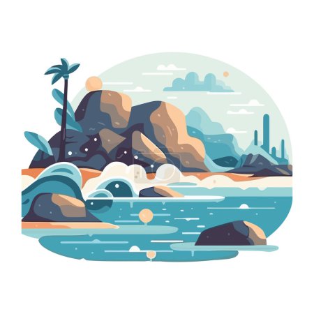 Ilustración de Playa tropical paisaje marino al atardecer icono aislado - Imagen libre de derechos