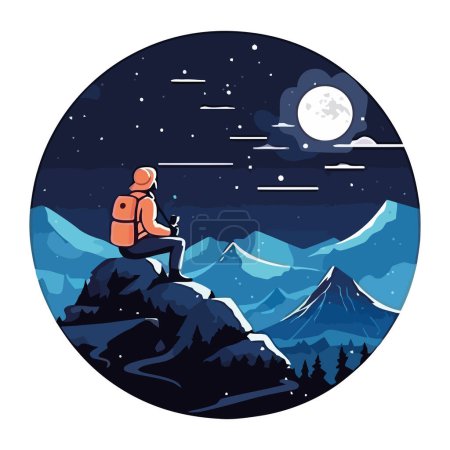 Illustration for Man mountain peak, adventure outdoors travel, isolated - Royalty Free Image