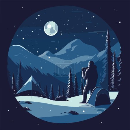 Ilustración de Silueta de hombre senderismo en el bosque de invierno, aislado - Imagen libre de derechos