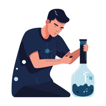Téléchargez les illustrations : Scientifique tenant un bécher, travaillant en laboratoire icône isolé - en licence libre de droit