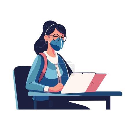 Téléchargez les illustrations : Femme avec masque médical travaillant à l'icône ordinateur portable isolé - en licence libre de droit