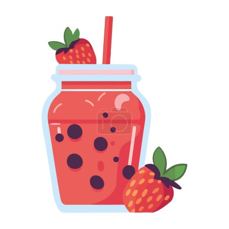 Téléchargez les illustrations : Cocktail de fraises juteuses dans un joli pot de dessin animé icône isolé - en licence libre de droit