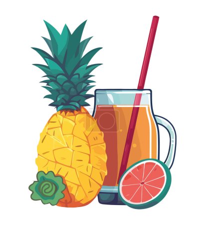 Téléchargez les illustrations : Cocktail d'ananas frais aux feuilles d'agrumes bio icône isolée - en licence libre de droit