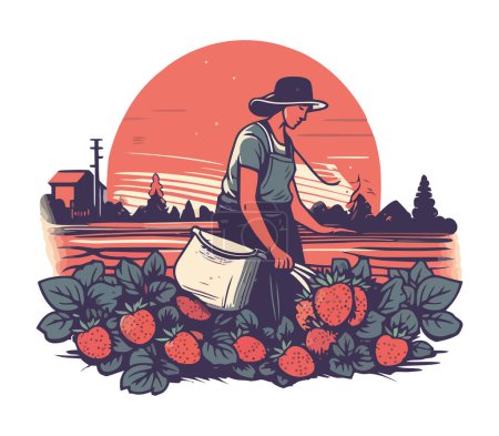 Téléchargez les illustrations : Un agriculteur récolte des fraises fraîches dans la nature icône isolé - en licence libre de droit