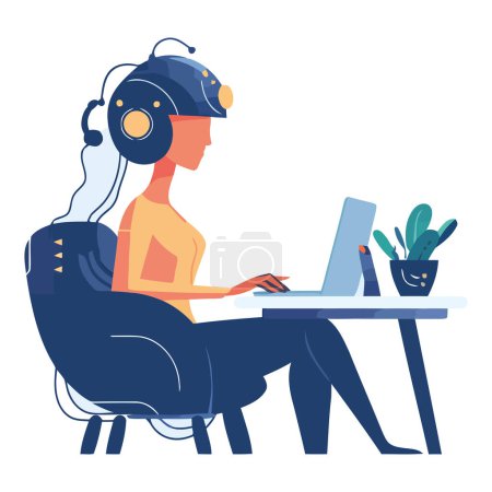 Illustration for Businesswoman sitting at modern desk over white - Royalty Free Image