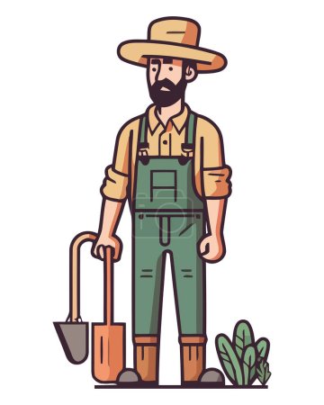 Téléchargez les illustrations : Le fermier avec sa pelle travaille à l'extérieur isolé - en licence libre de droit