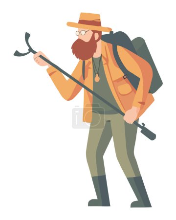 Illustration for Bearded forester hiking with backpack in nature over white - Royalty Free Image