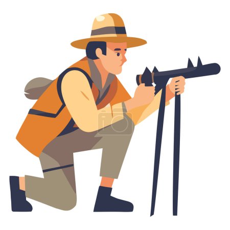 Illustration for Man uses tripod for outdoor photography over white - Royalty Free Image