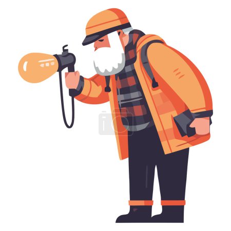 Téléchargez les illustrations : Homme avec une lampe de poche sur blanc - en licence libre de droit