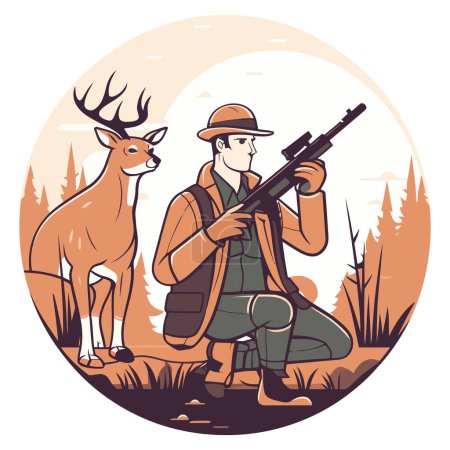 Illustration for Hunter aims rifle at deer in forest isolated - Royalty Free Image