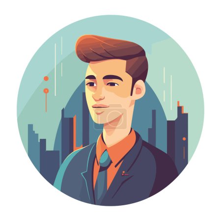 Illustration for One man standing in front of skyscraper icon isolated - Royalty Free Image