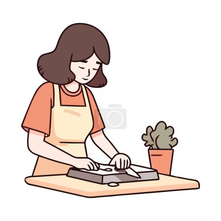 Téléchargez les illustrations : Chef femme préparation et coupe icône de la nourriture isolé - en licence libre de droit