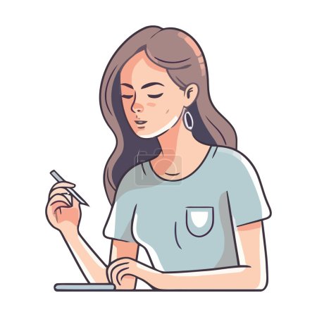 Illustration for Young businesswoman sitting at modern office desk icon isolated - Royalty Free Image