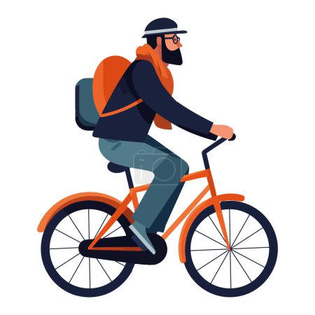 Illustration for Cartoon man cycling with backpack for leisure activity, icon - Royalty Free Image