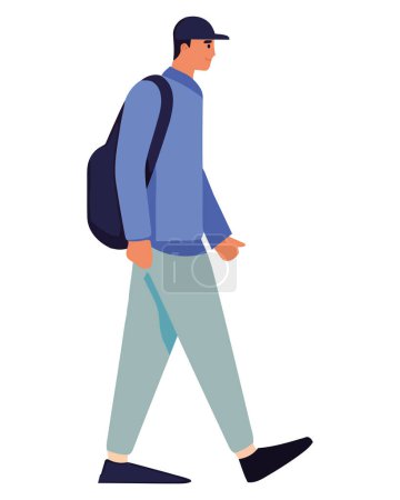 Téléchargez les illustrations : Homme d'affaires marche avec sac à dos et chapeau icône isolé - en licence libre de droit