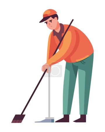 Illustration for Cleaning man with broom and dustpan icon isolated - Royalty Free Image