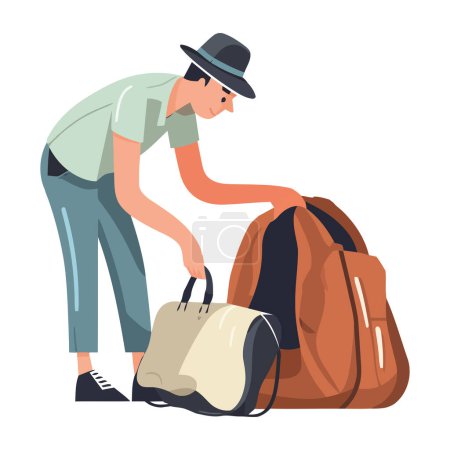 Téléchargez les illustrations : Voyageur homme avec sac à dos aventure icône isolé - en licence libre de droit