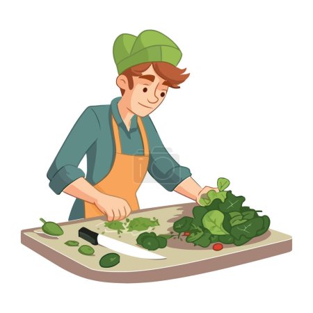 Ilustración de Granjero sonriente cortando verduras frescas para ensalada. aislado - Imagen libre de derechos