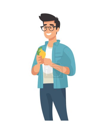 Téléchargez les illustrations : Homme souriant tenant du citron, debout icône plate isolée - en licence libre de droit