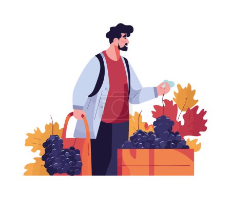 Téléchargez les illustrations : Homme cueillette fruits frais à l'extérieur heureusement icône isolé - en licence libre de droit