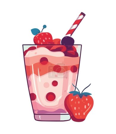 Téléchargez les illustrations : Milkshake fraise fraîche, un délice d'été icône isolé - en licence libre de droit