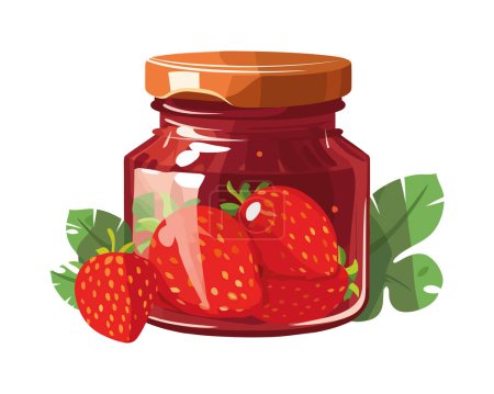 Téléchargez les illustrations : Conserves de fraises juteuses dans l'icône de pot de maçon mignon isolé - en licence libre de droit