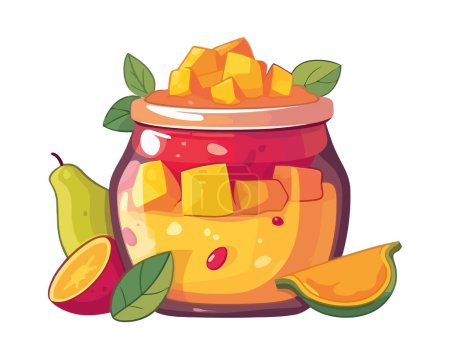 Téléchargez les illustrations : Fruits biologiques frais dans un pot jaune icône isolé - en licence libre de droit