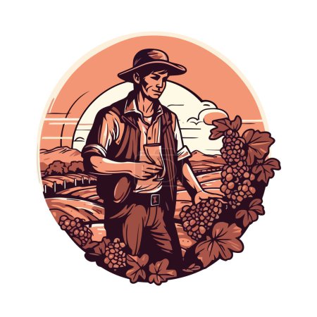 Illustration for The farmer holding a basket of grapes, isolated - Royalty Free Image
