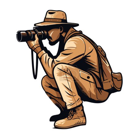 Téléchargez les illustrations : Homme recherche avec caméra sur blanc - en licence libre de droit