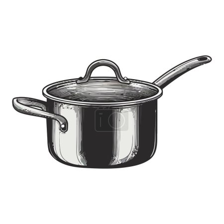 Illustration for Stainless steel saucepan with ladle and lid over white - Royalty Free Image