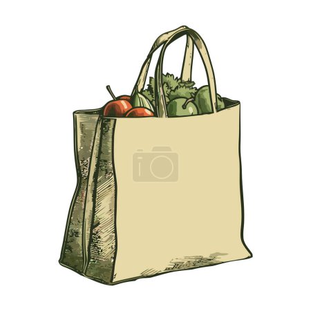 Téléchargez les illustrations : Fruits et légumes frais biologiques en sachet sur blanc - en licence libre de droit