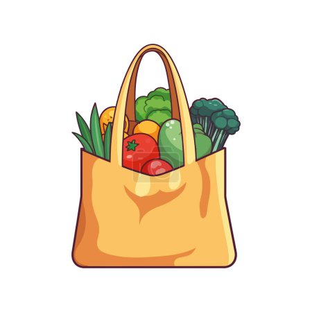Téléchargez les illustrations : Légumes et fruits biologiques dans un sac à provisions blanc - en licence libre de droit