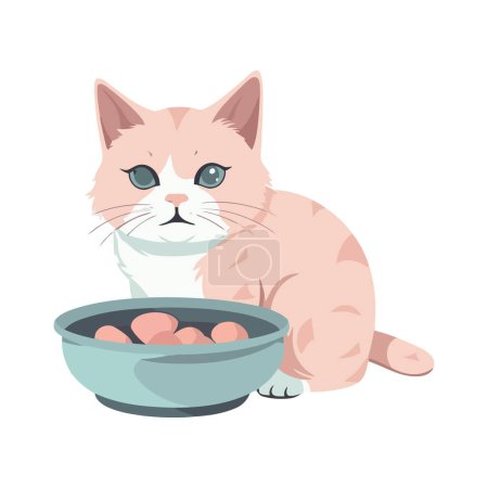 Illustration for Cute kitten sitting with food bowl over white - Royalty Free Image