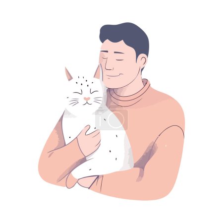 Téléchargez les illustrations : Homme étreignant chat sur blanc - en licence libre de droit