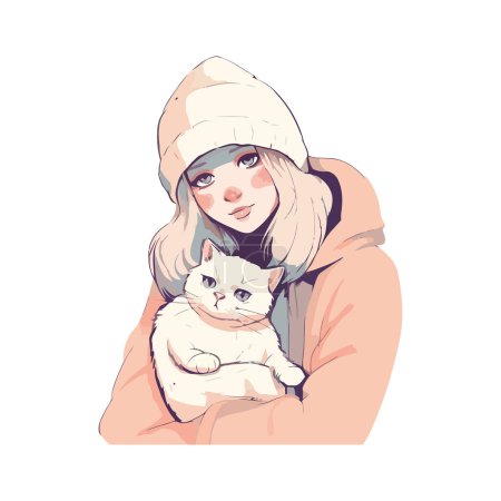Ilustración de Mujer sonriente abrazos lindo gatito en invierno sobre blanco - Imagen libre de derechos