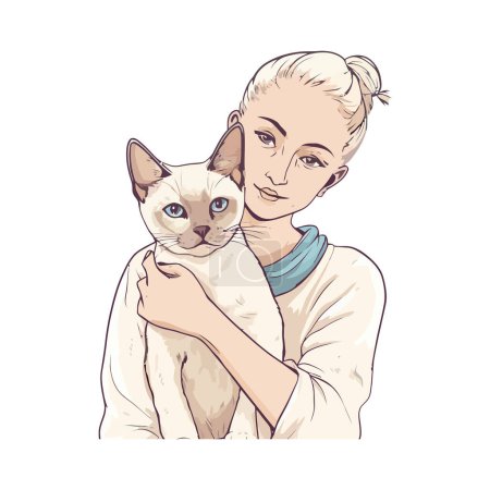 Illustration for Woman and cat over white - Royalty Free Image